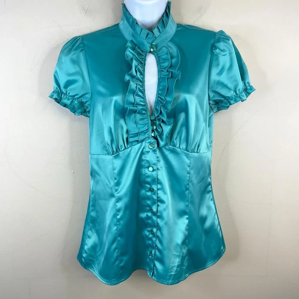 Vintage Y2K Top Medium Coquette Silky Satin Ruffle Puff Sleeve Keyhole High Neck - Picture 2 of 11